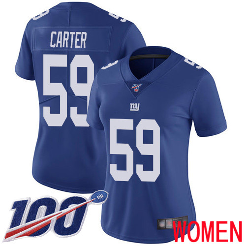 Women New York Giants #59 Lorenzo Carter Royal Blue Team Color Vapor Untouchable Limited Player 100th Season Football NFL Jersey